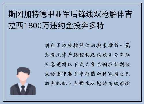 斯图加特德甲亚军后锋线双枪解体吉拉西1800万违约金投奔多特